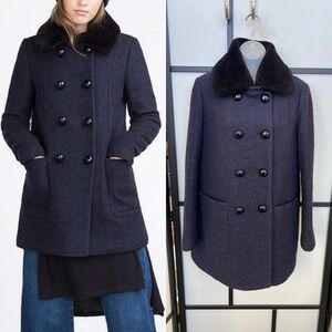 ZARA Trafaluc Peacoat Coat Navy Blue 68% Wool Medium